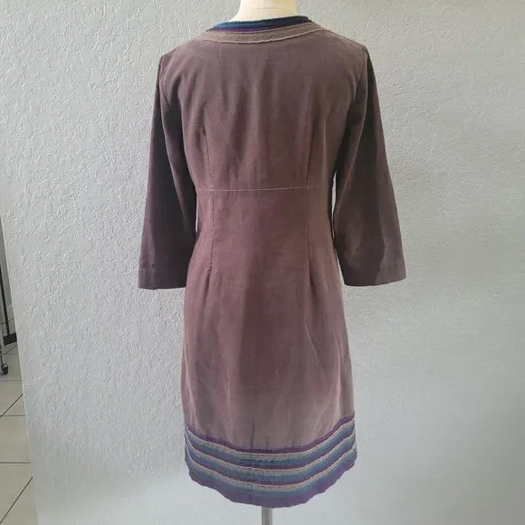 BODEN Corduroy Dress 6R Womens 3/4 Sleeve Embroidered Shift Midi Brown - Picture 4 of 11